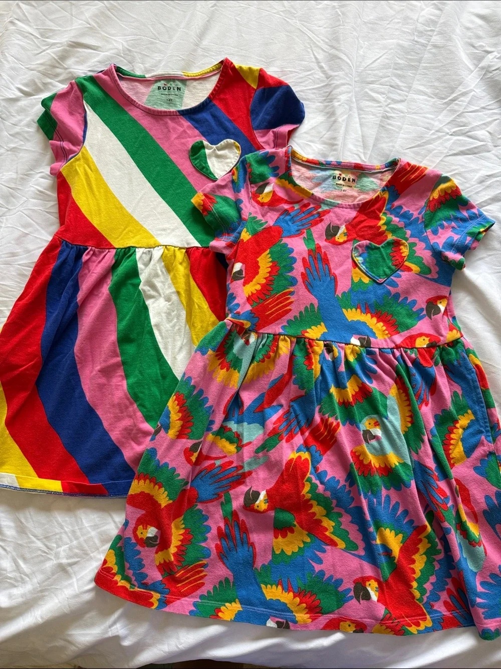 Mini Boden Bundle - Pink Parrot Print & Rainbow Stripe Twin Dresses